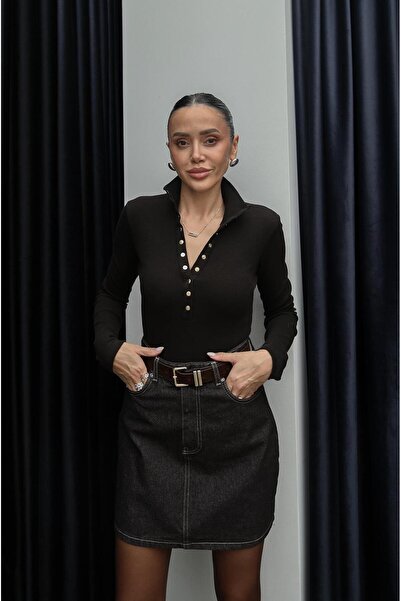 Havoş Brown Darin Blouse with Snap Buttons on the Collar