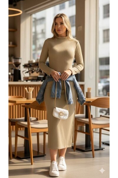 FRESCO SCARFS Women's Long Sleeve Turtleneck Side Slit Slit Ribbed Knit Maxi ...