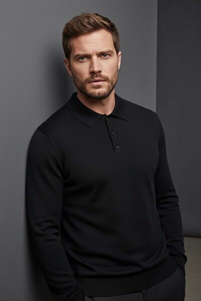 WEMSEY Polo Neck Basic 100% Cotton Dark Black Knitwear Sweater