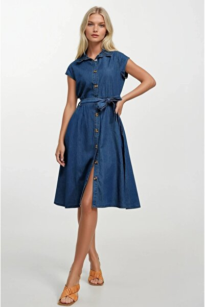 Yasmy Collection Kadın Denim Kısa Kollu Boydan Düğmeli Beli Kuşaklı Kot Gömle...