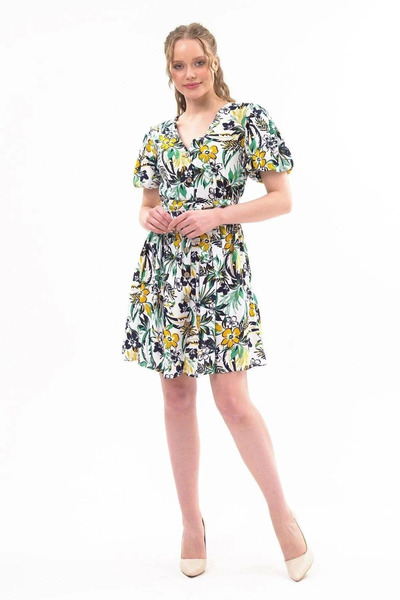 Zeta Group Women's Patterned Design Collar Placket Belted White Dress - White...