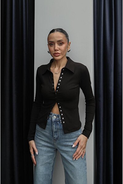 Havoş Brown Weiss Polo Neck Snap Blouse