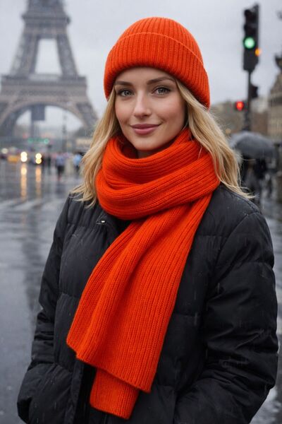 FELLMENS Orange Lux Wool Corded Fabric Knitted Scarf and Beanie Set of 2 45X2...