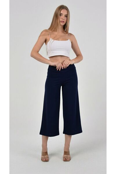 Zeromiss Navy Blue Wide Leg Bermuda Shorts Viscose