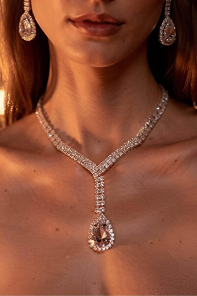 TAKIŞTIR Gümüş Renk Taş Detaylı Abiye Set