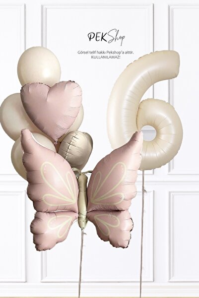 PEKSHOP 6 Yaş Doğum Günü Retro Pembe Kelebek Tema Doğum Günü Balon Zinciri Seti