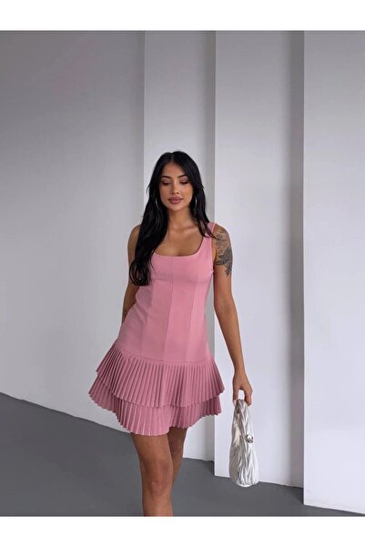Yasmy Collection Kadın Pembe Pileli Şortlu Mini Elbise HZL25S-FRY122991