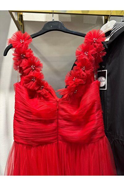 Butik Omuz Detaylı Tül Abiye Elbise – kırmızı