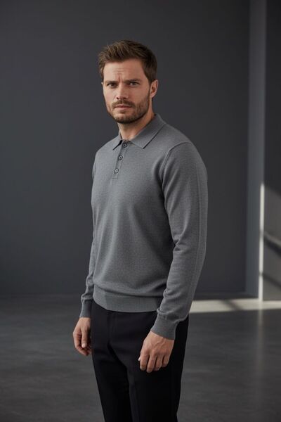 WEMSEY Polo Yaka Basic %100 Pamuk Gri Triko Kazak