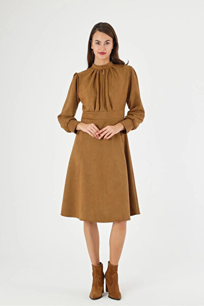 Bonnie Clyde Women's Pleated Suede Look Long Sleeve Dress - Brown - Bcp1.44V1...