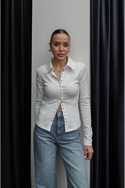 Havoş Ecru Weiss Polo Neck Snap Button Blouse