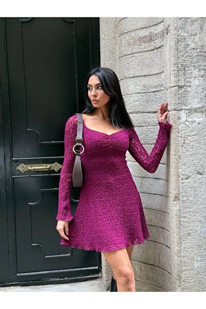 Freya Kadın Mor Uzun Kollu Dantel Detay Astarlı Kloş Elbise HZL25W-FRY123531