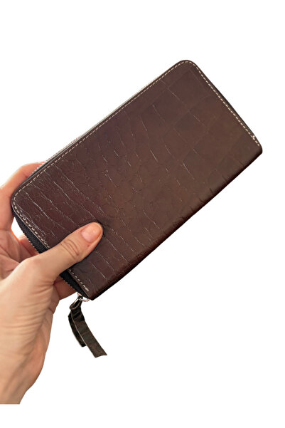 Pinkylola Zipped Model Shiny Brown Crocodile Printed Genuine Leather Card Hol...