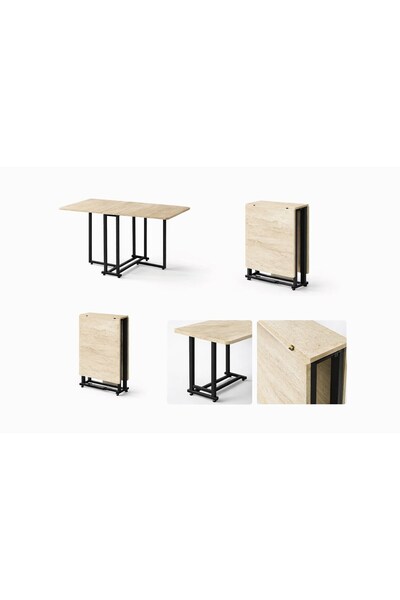 sinems world Traverten Portatif Katlanır Yemek Masası - Metal Ayaklı