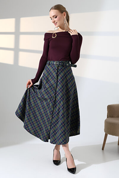lubiti Plaid Patterned Long Flared/Bell Skirt - Front Buttoned with Belt