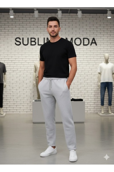Sublime Butik بنطلون رياضي للجنسين باللون الرمادي الفاتح، ساق سميكة، خصر مطاط...