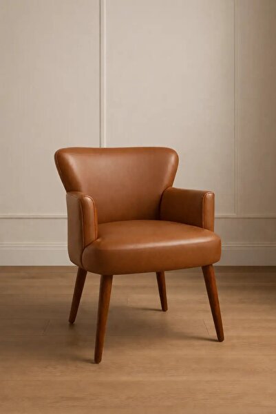 WATERYBROOK Tekli Berjer Koltuk - Suni Deri - Ceviz Ahşap Ayaklı - Modern Ret...