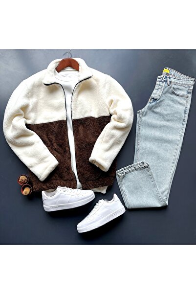giyimadam16 Men's Color Block Plush Fleece Jacket & Baggy Jeans Pants Set