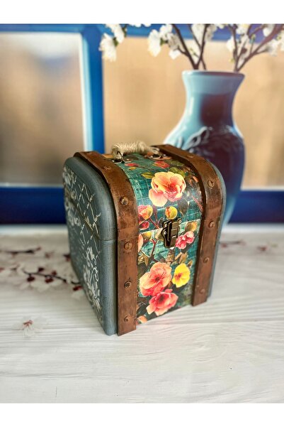 Bypinaryuksel Flower Patterned Aged Wooden Decorative Suitcase, Suitcase Box