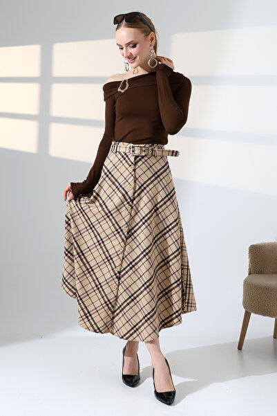 lubiti Plaid Patterned Long Flared/Bell Skirt - Front Buttoned with Belt