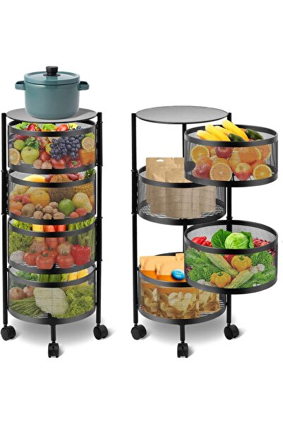 BUNCA منظم دوار وسلة فواكه وخضروات بعجلات – رف تخزين متحرك متعدد الطبقات للمطبخ