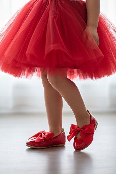 pediashoes Balerini de seară eleganti pentru fete, cu fundă roșie din piele l...