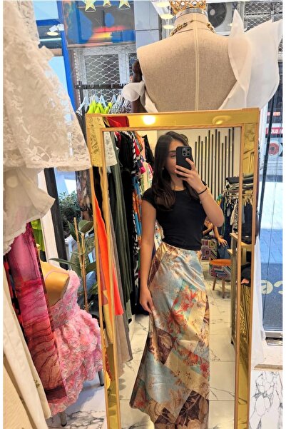 Butik Desenli Saten Uzun Etek
