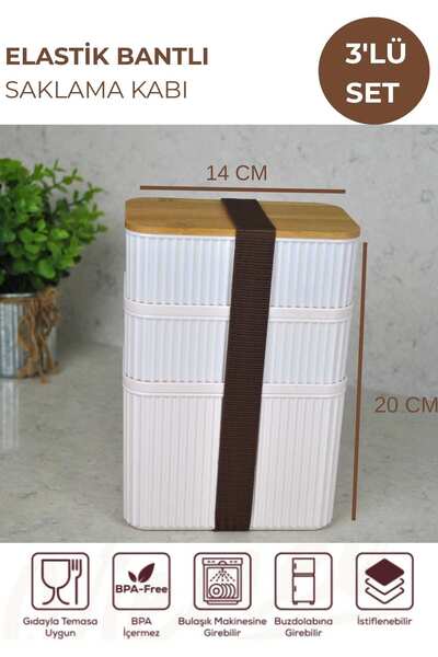 Qualitev Zebra 3-Piece Bamboo Lid Lunch Box 1 Lt + 2X 0.50 Lt - Square Elasti...