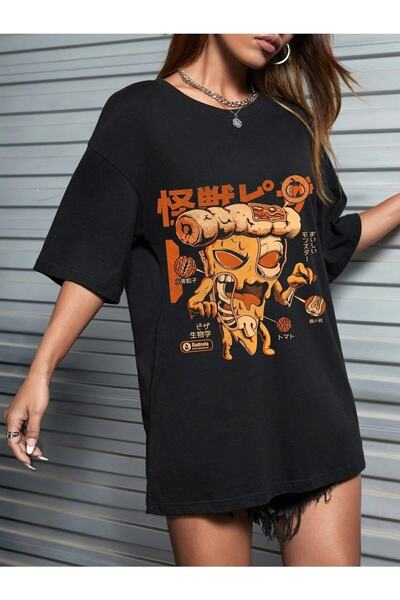 my feminen تي شيرت أسود كبير الحجم مطبوع عليه بيتزا