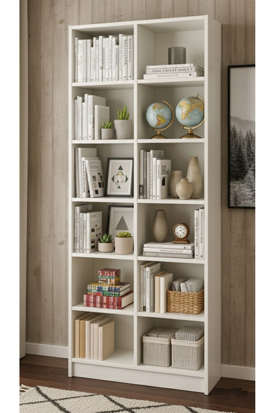 Tasarım 12 Raflı Kitaplık – 18 mm MDF Beyaz – Salon, Ofis ve Çocuk Odası İçin