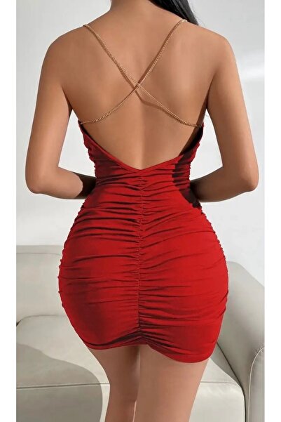 Boutique Zincir detay sırt dekolte büzgülü mini elbise