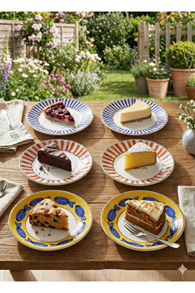 The Mia Fish Series 6-Piece Cake Plate Set 19 cm Fish Patterned Colorful Cera...