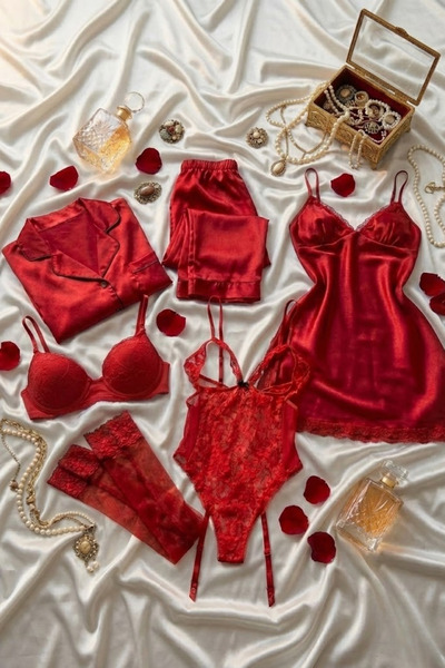 ZENCHES Kadın Saten 6’lı Çeyiz Seti Kırmızı-Gecelik,Pijama Takımı,Sütyen,Jart...