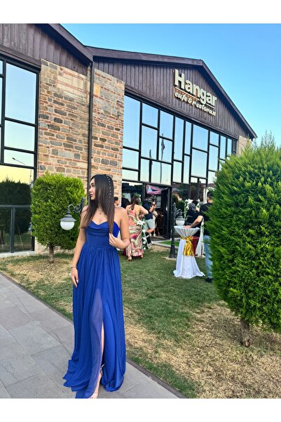 Butik Saks Mavisi Yırtmaçlı Uzun Abiye Elbise