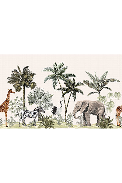 Arterior Wallpaper Ormanda palmiyeler altında zürafa zebra fil çocuk odası po...