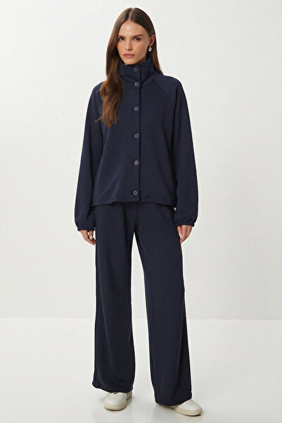 Lovelyİstanbul Mock Neck Button Top and Bottom Modal Set Lby0036 Dark Blue