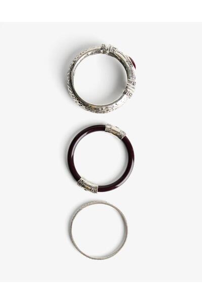 STAİNLES Burgundy Detailed 3-Piece Combination Bracelet Set