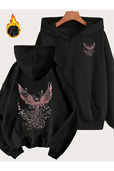 PENTHİLUS سترة بغطاء رأس بطبعة العنقاء الوردية للجنسين بسحاب