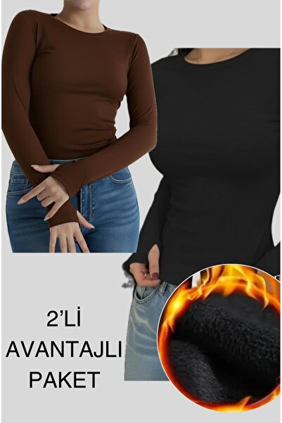 glanour Slim Fit Long Sleeve Bodysuit with Fleece Inside for Black Winter