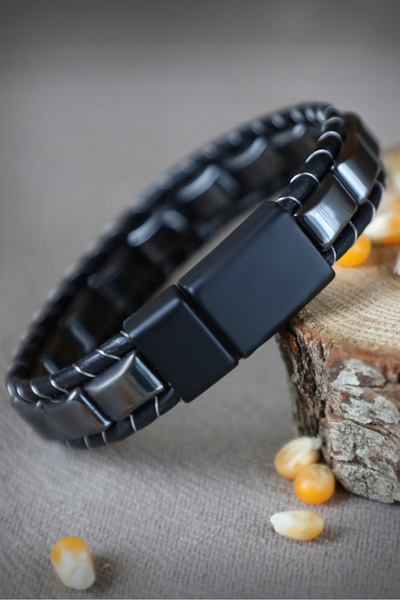 zeravent premium Zeravent Erkek Hematit Örmeli Deri & Doğal Taşlı Bileklik Lü...