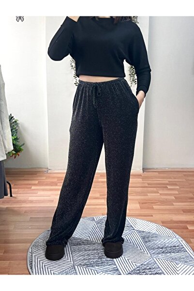 Store Siyah Simli Beli Lastikli Rahat Kesim Pantolon