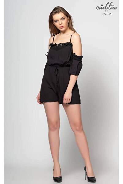 Stylish Stylish black sleeveless short jumpsuit with a waist belt for a moder...