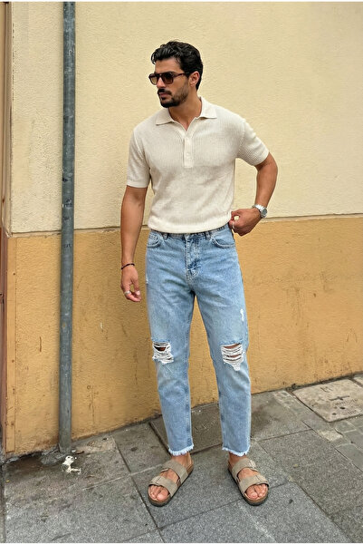 MADZEYMODA Boyfriend Carrot Cut Leg Tassel Ripped Detail Men's Blue Denim Jea...