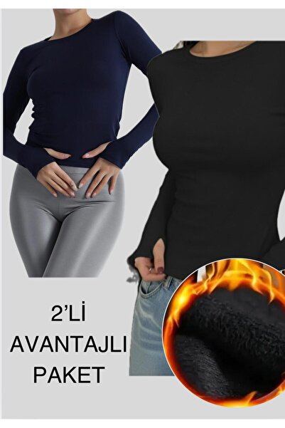 glanour Slim Fit Long Sleeve Bodysuit with Fleece Inside for Black Winter