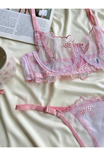 Bee Glow Kadın Bralet Tanga 2'li Sütyen Külot İç Çamaşırı Takımı transparan s...