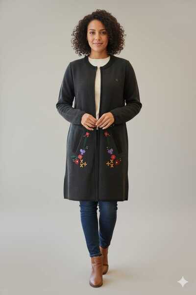 Uludağ Triko Kadın Siyah Flato Cep El İşi Nakışlı Triko Uzun Hırka