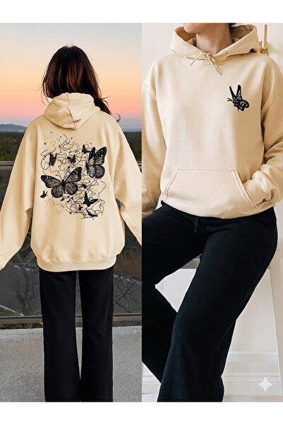 PENTHİLUS Women's Back Butterfly Printed Oversized Sweatshirt- Oversized Hoodie