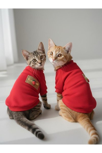 Kemique Sevimli Çilek Detaylı Kırmızı Kedi Polar Sweatshirt
