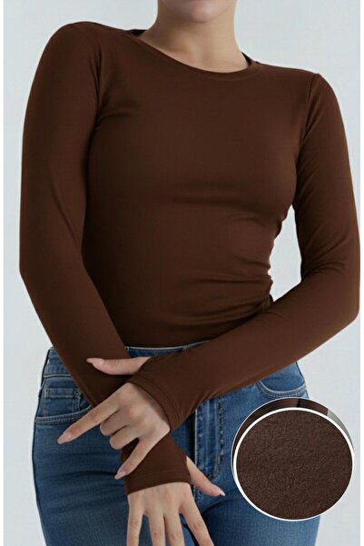 glanour Brown Slim Fit Long Sleeve Bodysuit with Fleece Inside for Winter