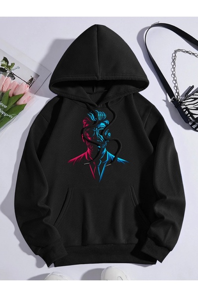 my feminen هوديي للجنسين بتصميم بسيط مطبوع بغطاء رأس جيب قصة فضفاضة سويت شيرت...